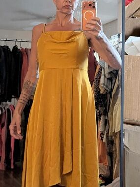NWT Aiden Mustard Yellow Satin Cowl-Neck Slip Dress
